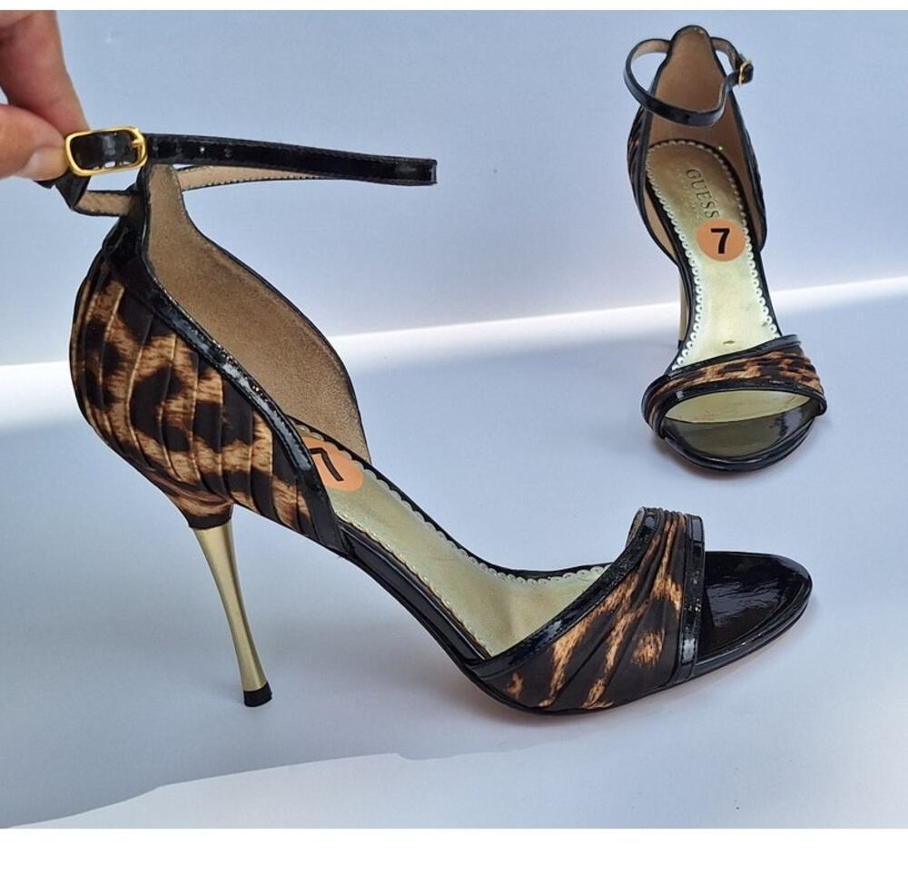Guess by Marciano Leopard Cheetah Stiletto Heeled Sandals Black Brown Leather 7